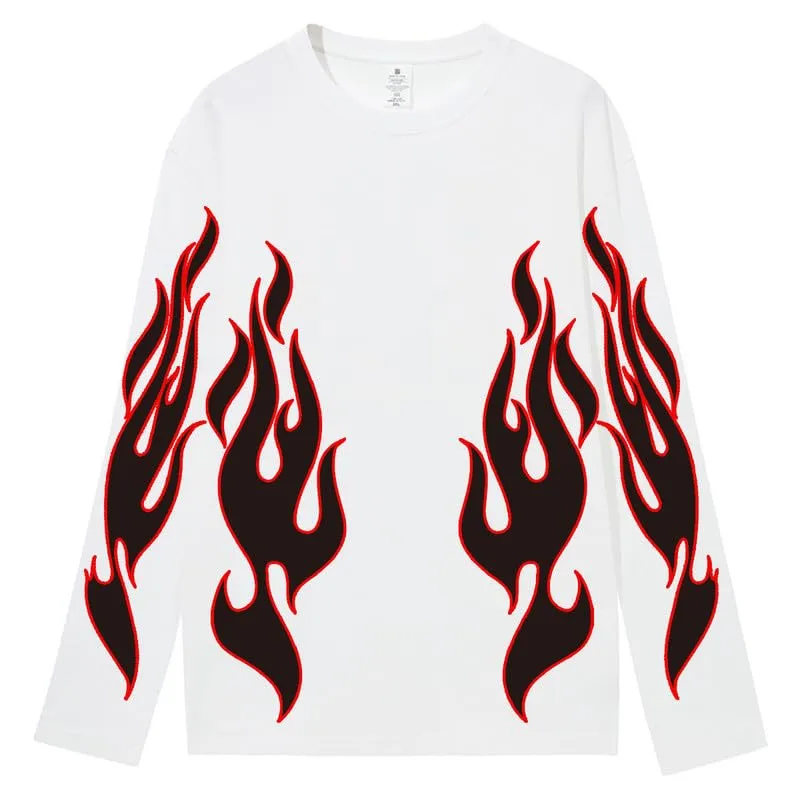 CORIRESHA Teen Fashion Flame Pattern Crewneck Long Sleeve Y2K Fall T-Shirt Top