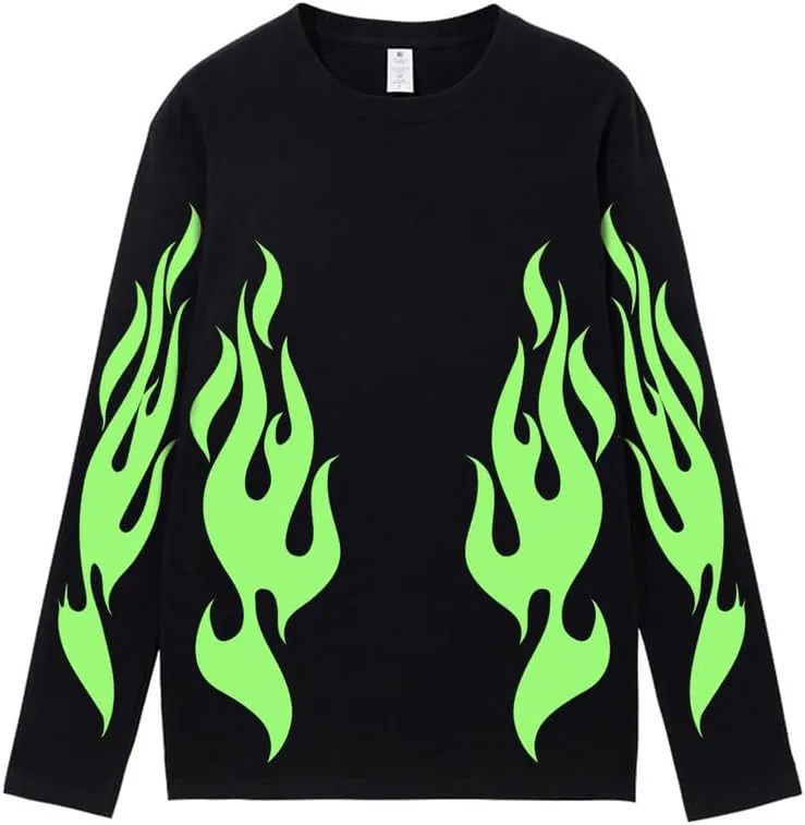 CORIRESHA Teen Fashion Flame Pattern Crewneck Long Sleeve Y2K Fall T-Shirt Top