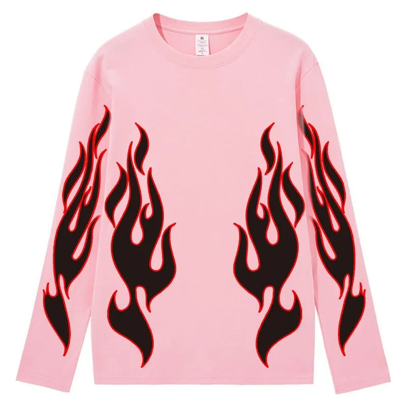 CORIRESHA Teen Fashion Flame Pattern Crewneck Long Sleeve Y2K Fall T-Shirt Top