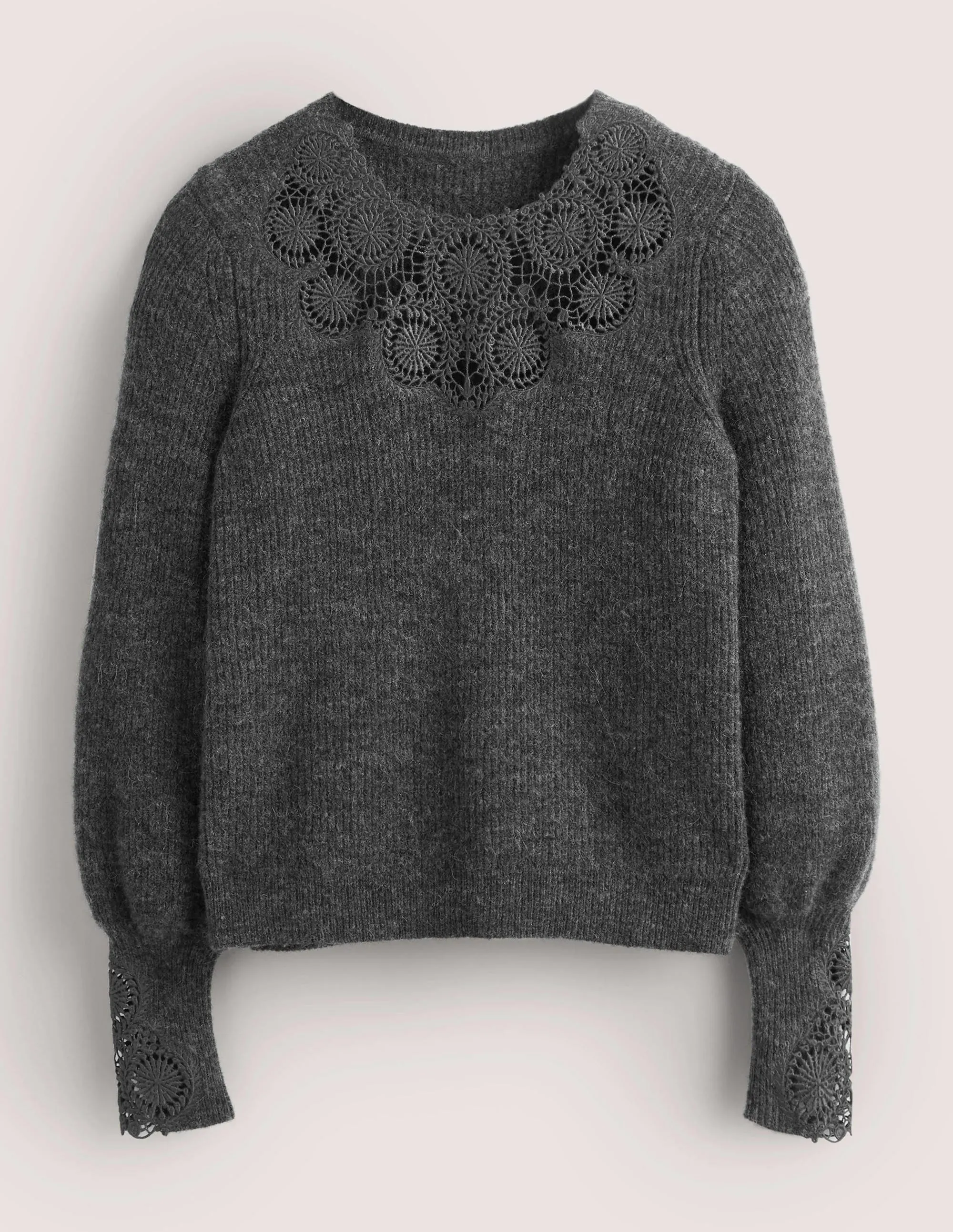 Detail Fluffy Jumper-Charcoal Melange Embroidery