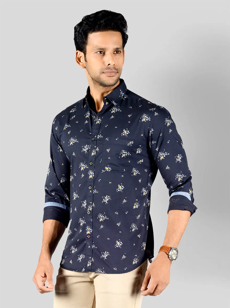 Eclipse Blue Printed Slim Fit Casual Shirt | Greenfibre