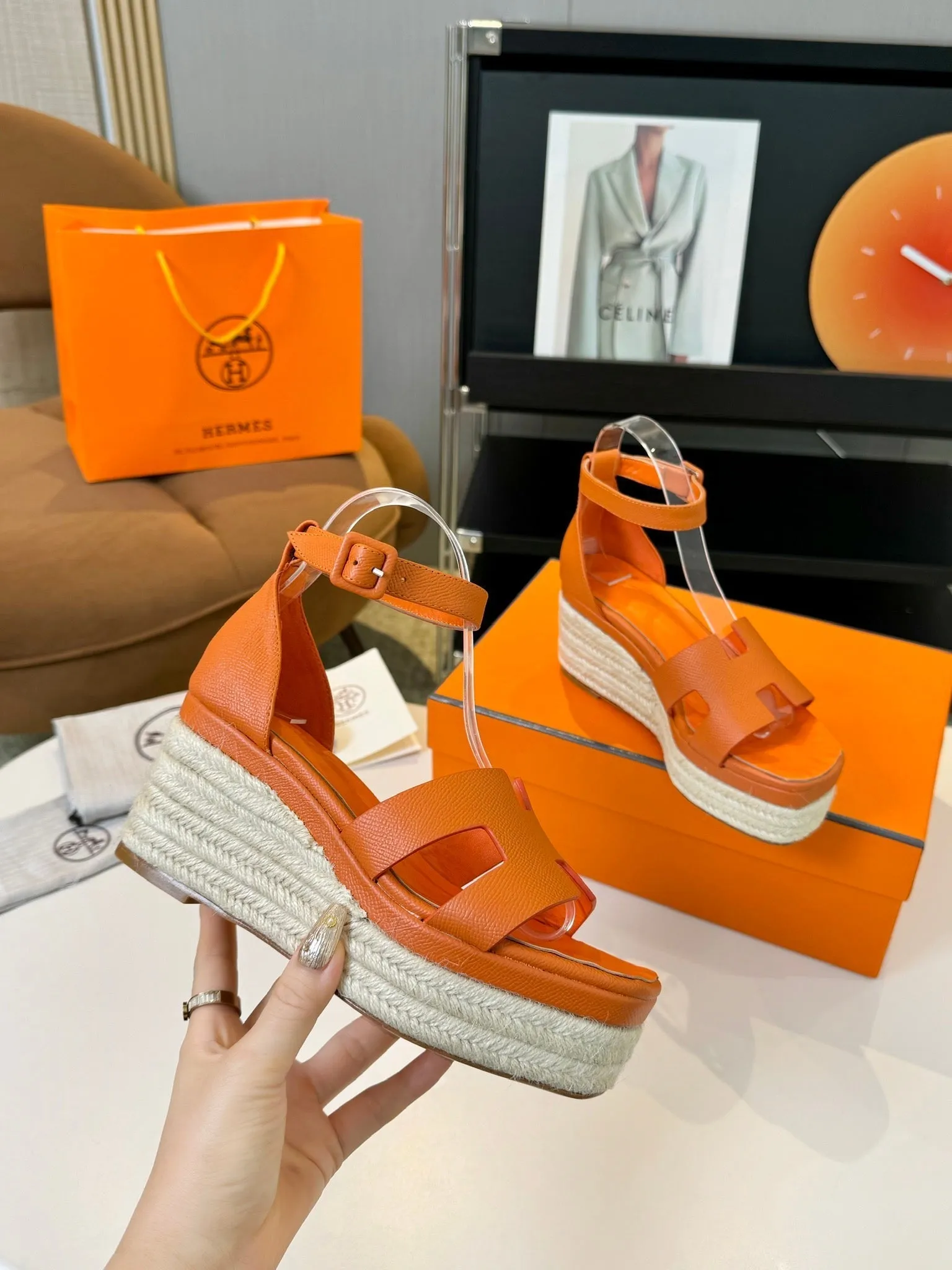 Elda espadrille 80 Orange Epsom Calfskin