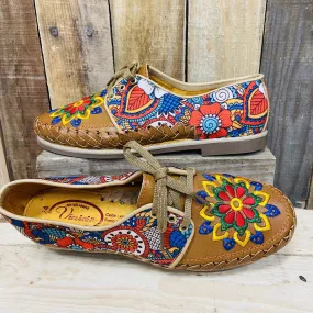 Embroider Loafers Artisan Leather Women Shoes - Blue Flower Mosaic