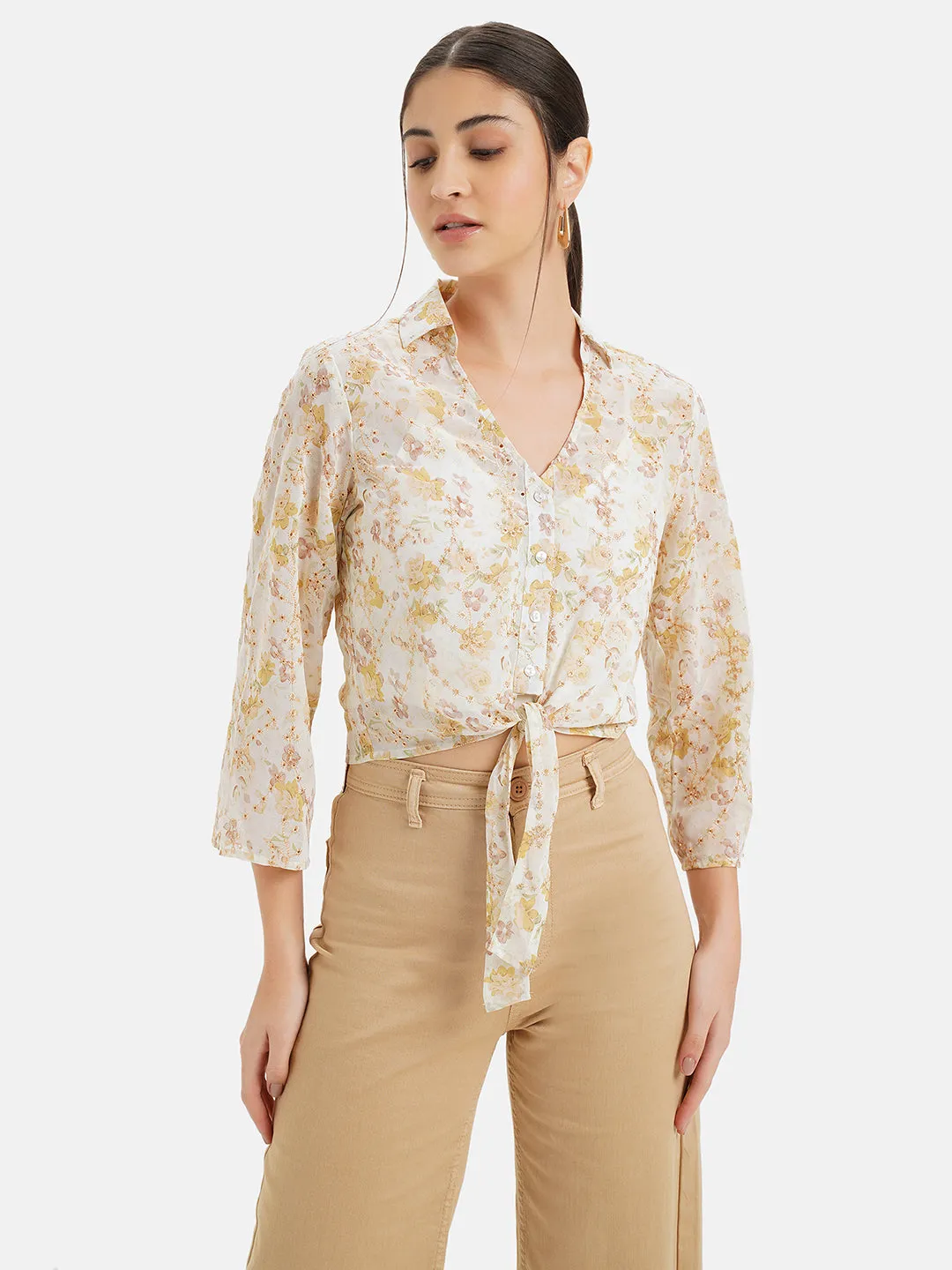 Embroidered Shirt With Knot Detail