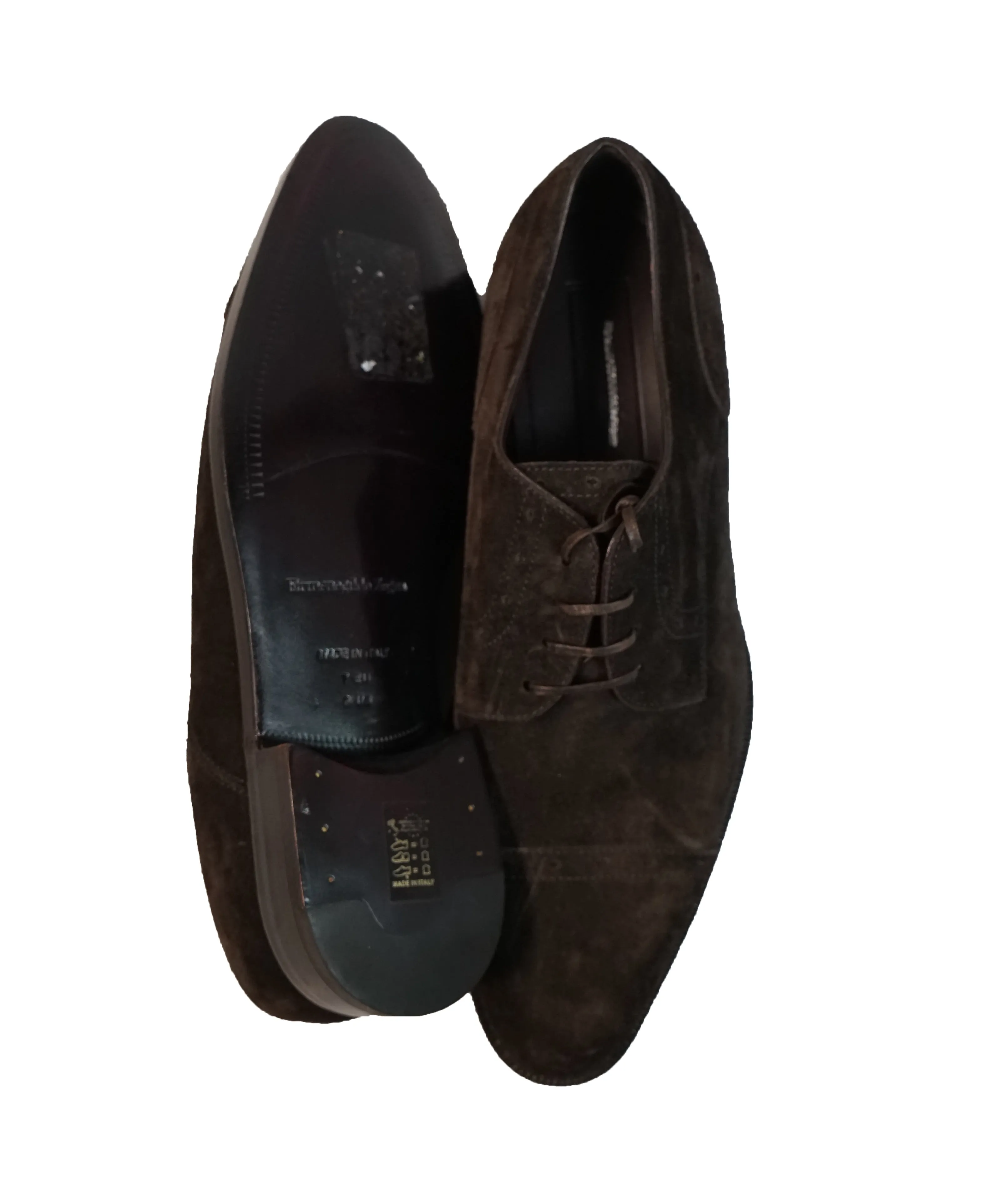 ERMENEGILDO ZEGNA - Brown Suede Round Toe Cap-Toe Oxfords - 8