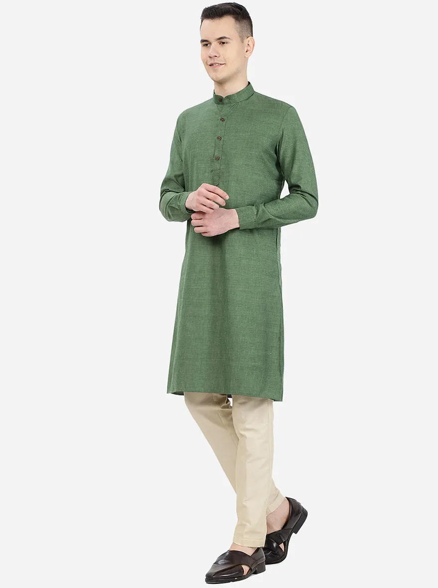 Forest Green Self Textured Regular Fit Modi Kurta | JadeBlue