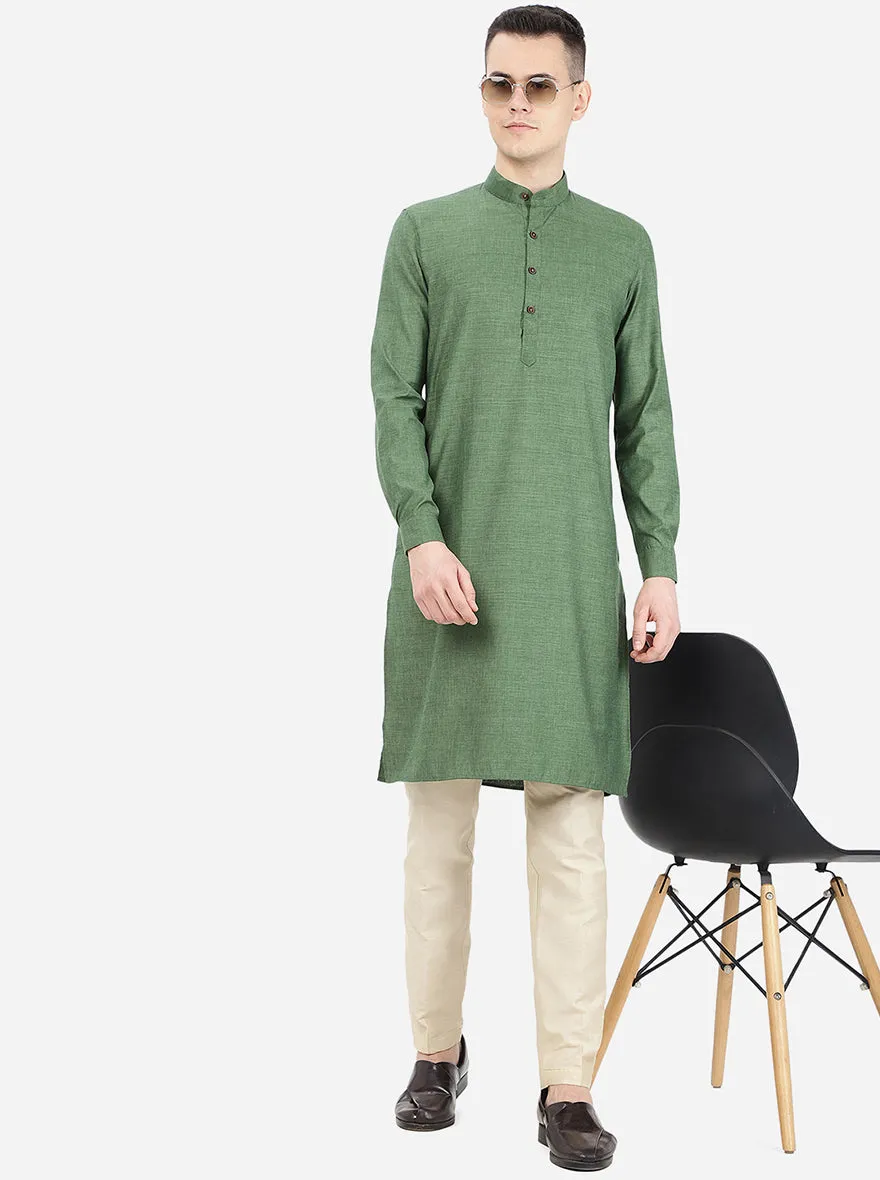 Forest Green Self Textured Regular Fit Modi Kurta | JadeBlue