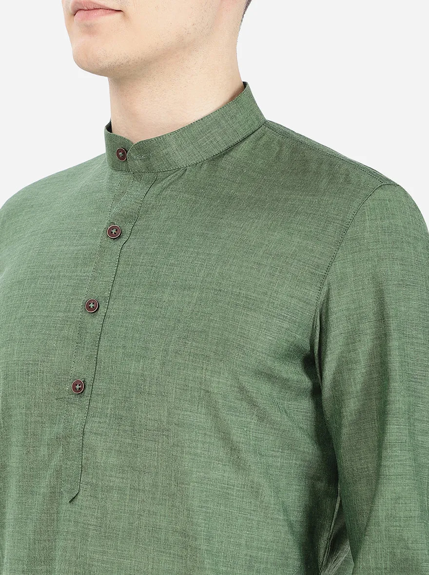 Forest Green Self Textured Regular Fit Modi Kurta | JadeBlue