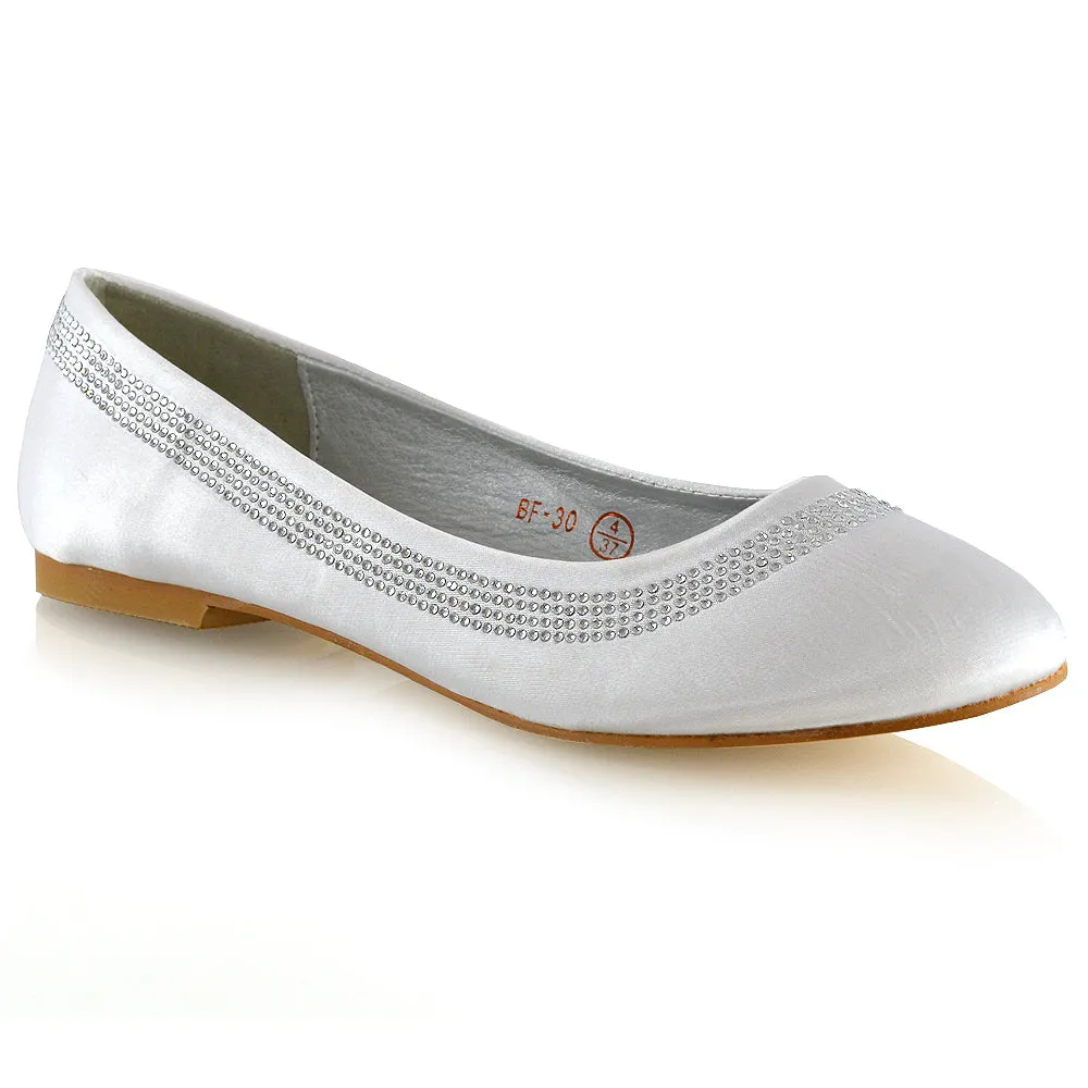 GEORGIE POINTED TOE SLIP ON FLAT DIAMANTE BALLET BALLERINA PUMP SHOES IN WHITE SATIN