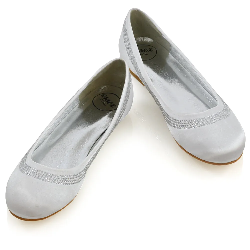 GEORGIE POINTED TOE SLIP ON FLAT DIAMANTE BALLET BALLERINA PUMP SHOES IN WHITE SATIN