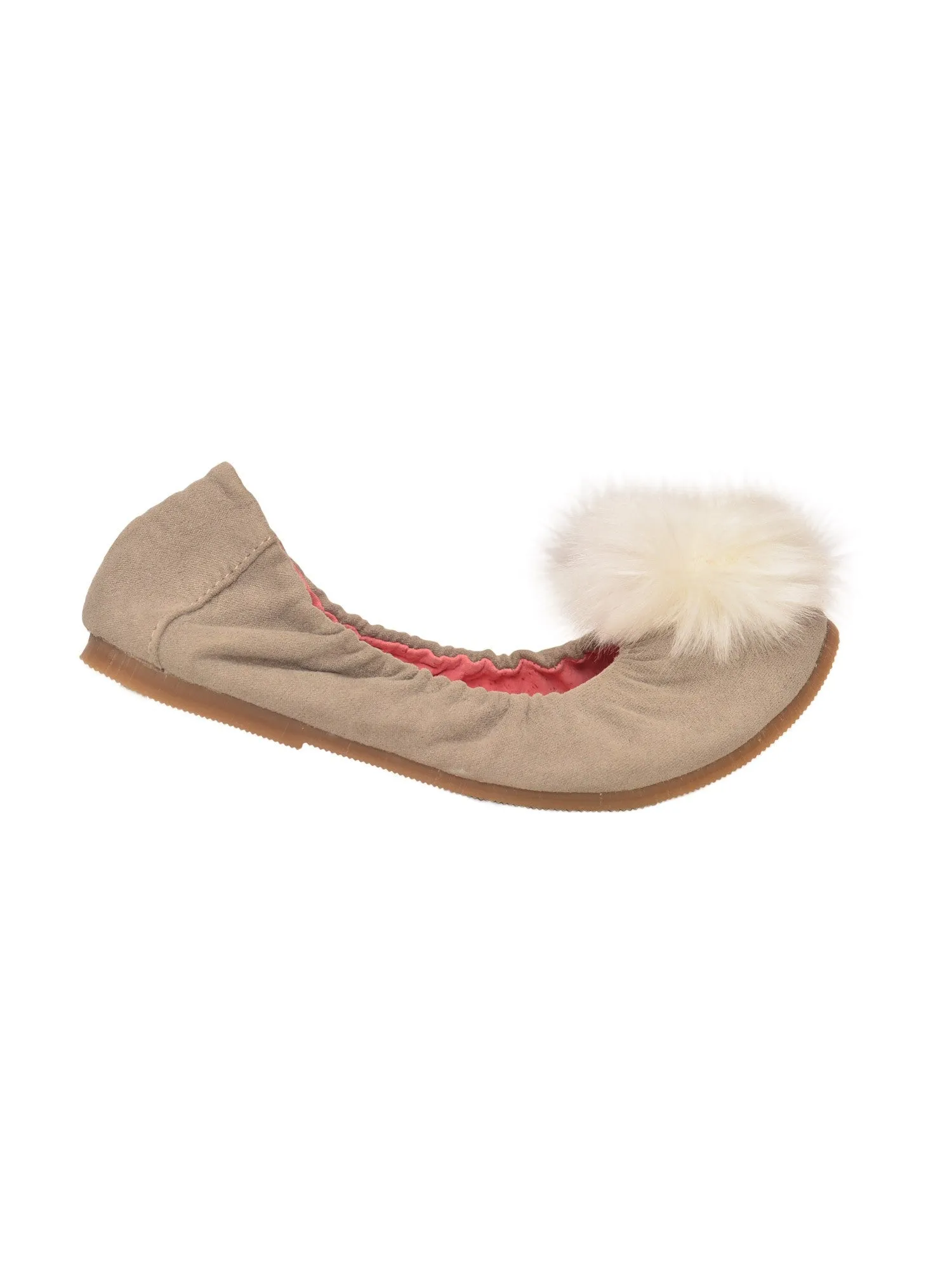 Girls Gray Suede Faux Fur Pom Pom Flats 11-4 Kids