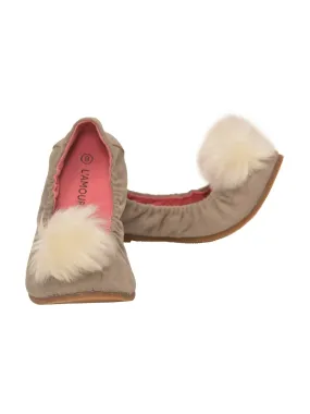 Girls Gray Suede Faux Fur Pom Pom Flats 11-4 Kids