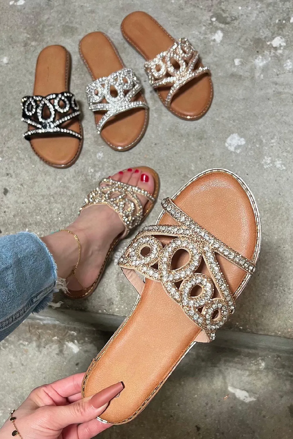 GOLD DIAMANTE DETAIL SPARKLY FLAT SLIDER SANDALS