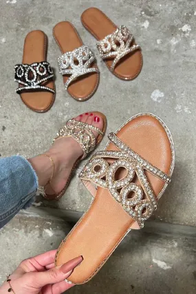 GOLD DIAMANTE DETAIL SPARKLY FLAT SLIDER SANDALS