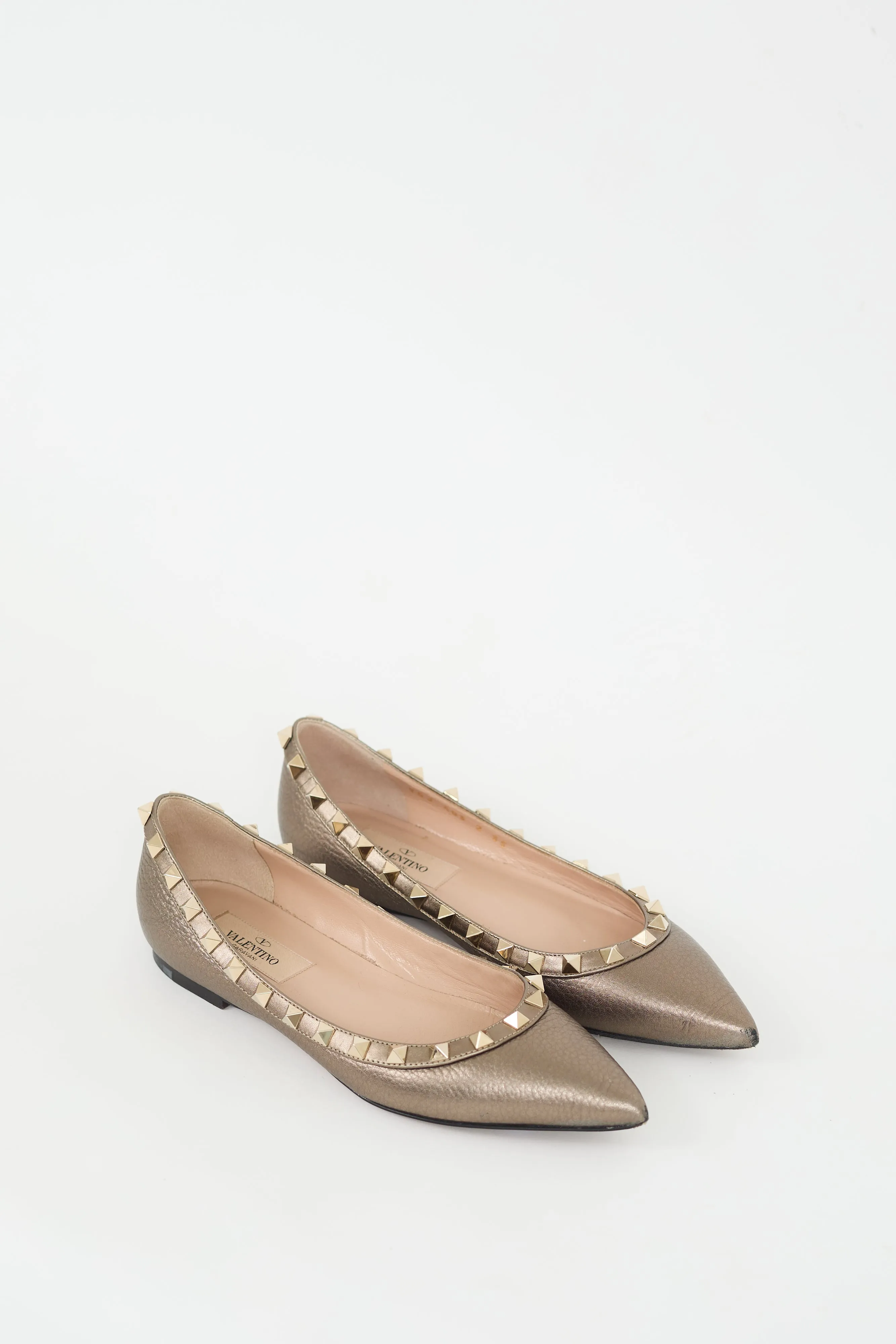 Gold Leather Rockstud Ballet Flat