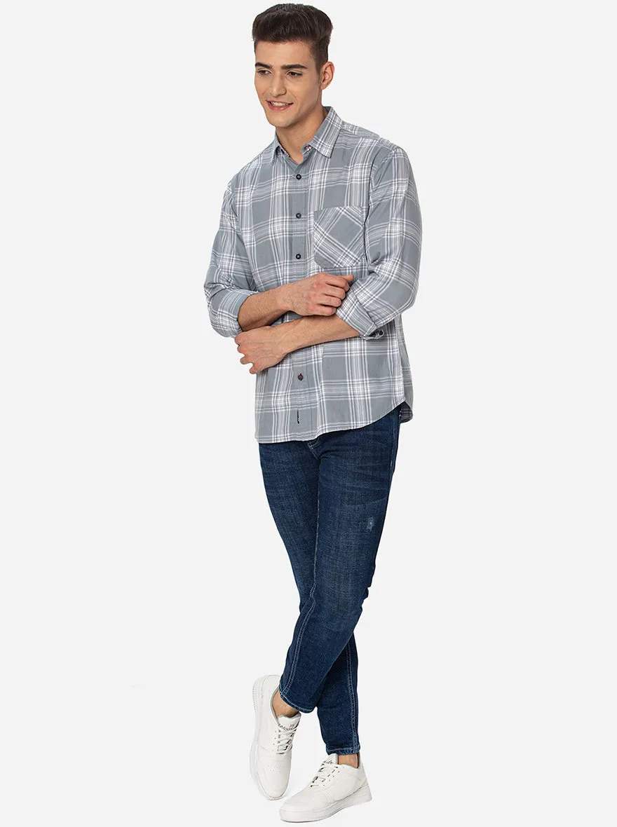 Gray & White Checked Slim Fit Semi Casual Shirt | Greenfibre