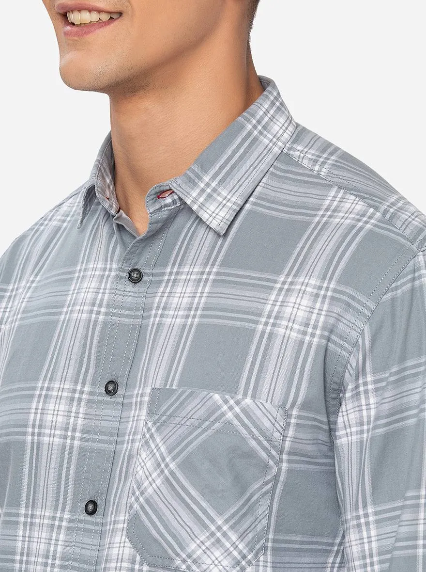 Gray & White Checked Slim Fit Semi Casual Shirt | Greenfibre