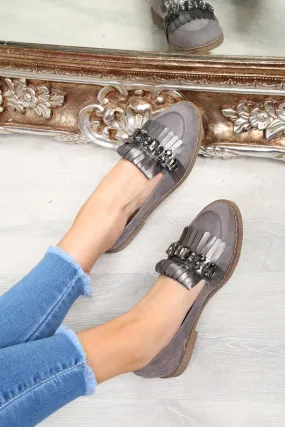 Grey Faux Suede Embellished Front Flats - Jelisa