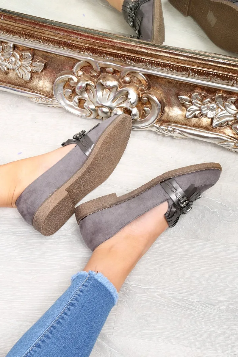 Grey Faux Suede Embellished Front Flats - Jelisa