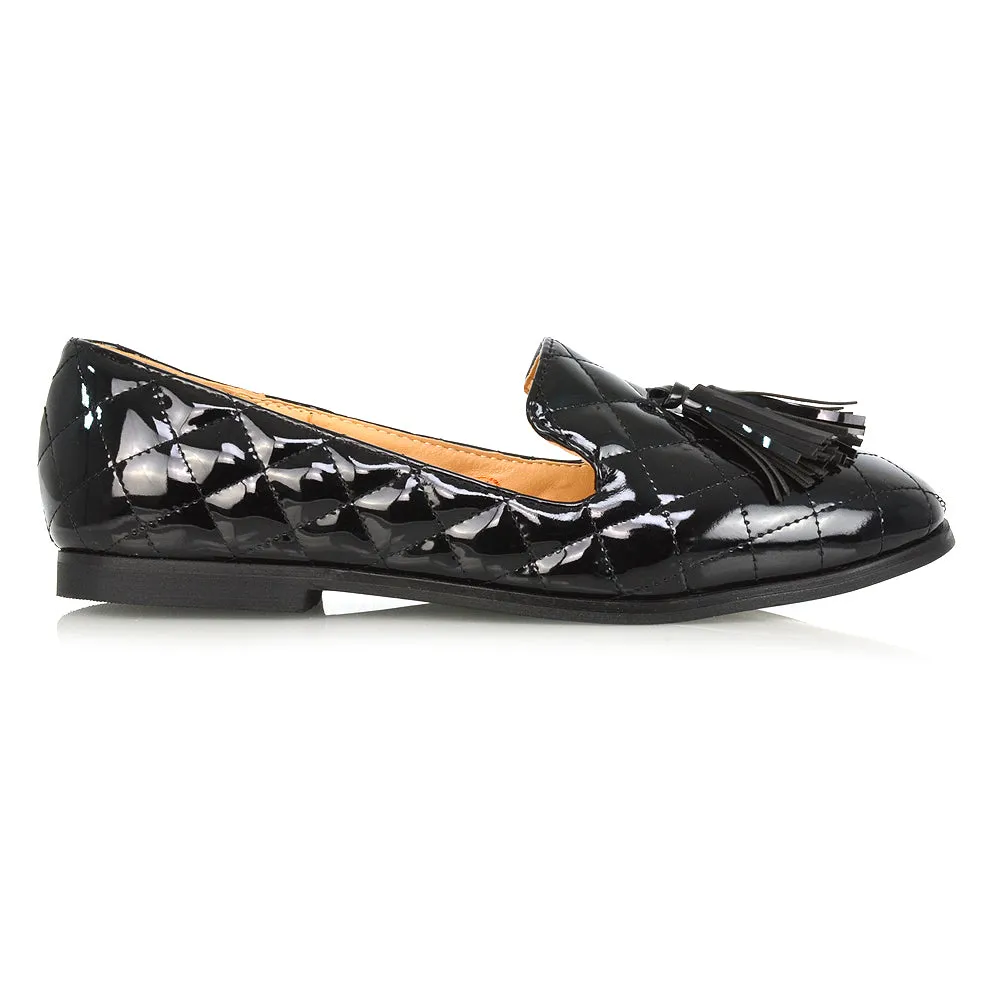 Halanna Quilted Design Tassel Detail Slip on Smart Flat Loafers in Black Synthetic Leather