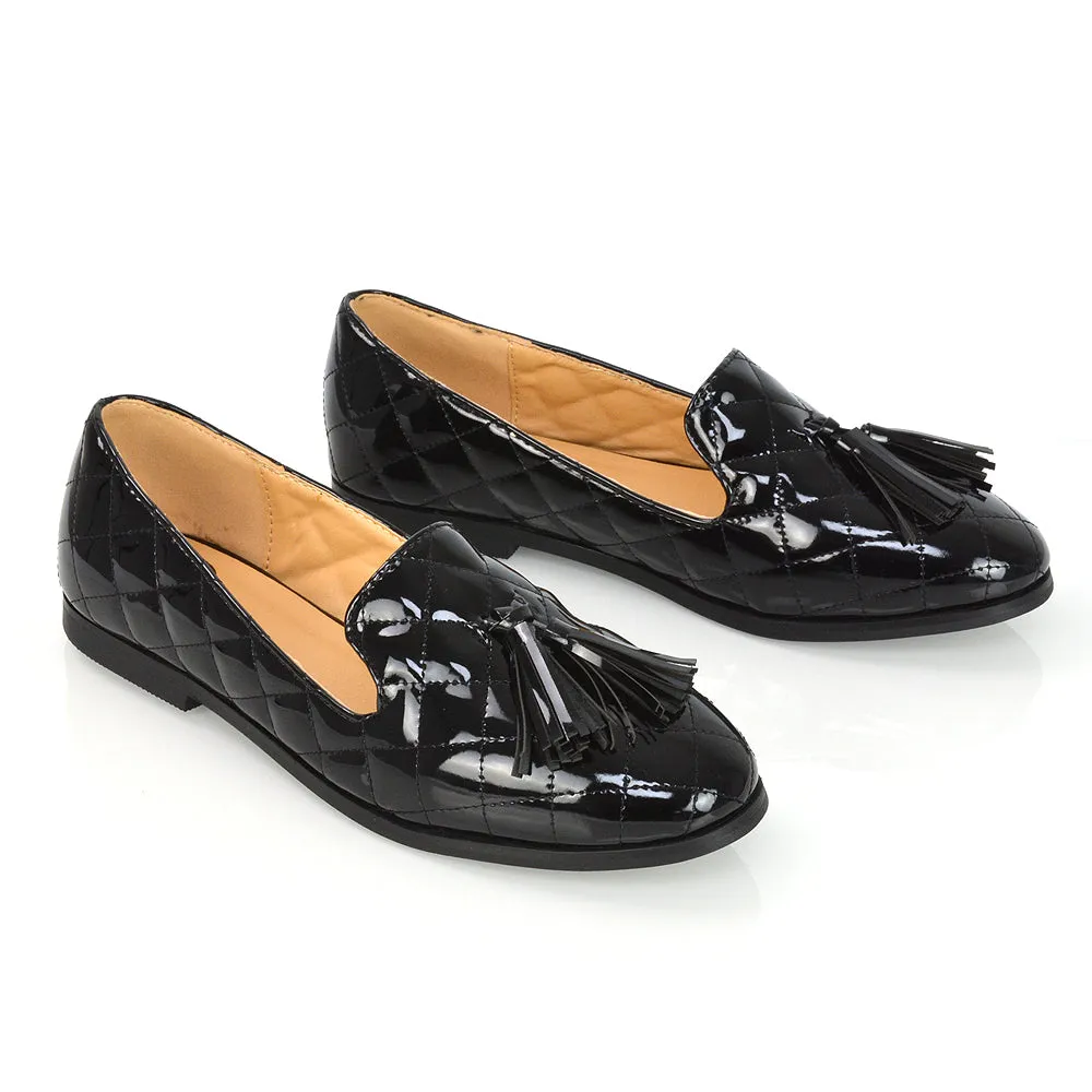 Halanna Quilted Design Tassel Detail Slip on Smart Flat Loafers in Black Synthetic Leather