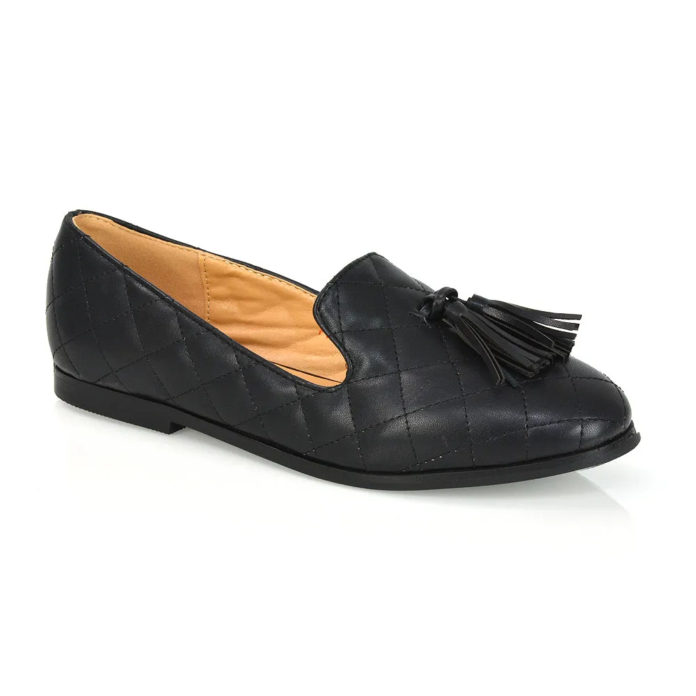 Halanna Quilted Design Tassel Detail Slip on Smart Flat Loafers in Black Synthetic Leather