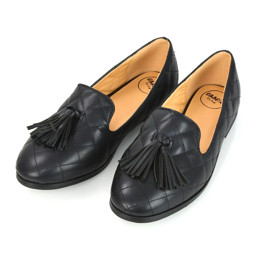 Halanna Quilted Design Tassel Detail Slip on Smart Flat Loafers in Black Synthetic Leather