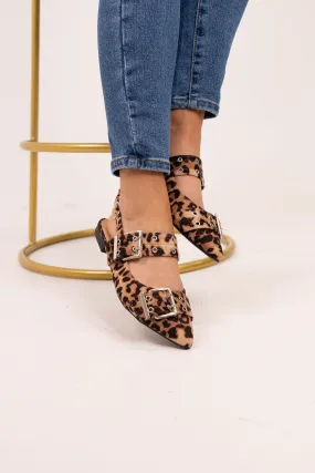 Izzy Pointed Buckle Flats In Leopard