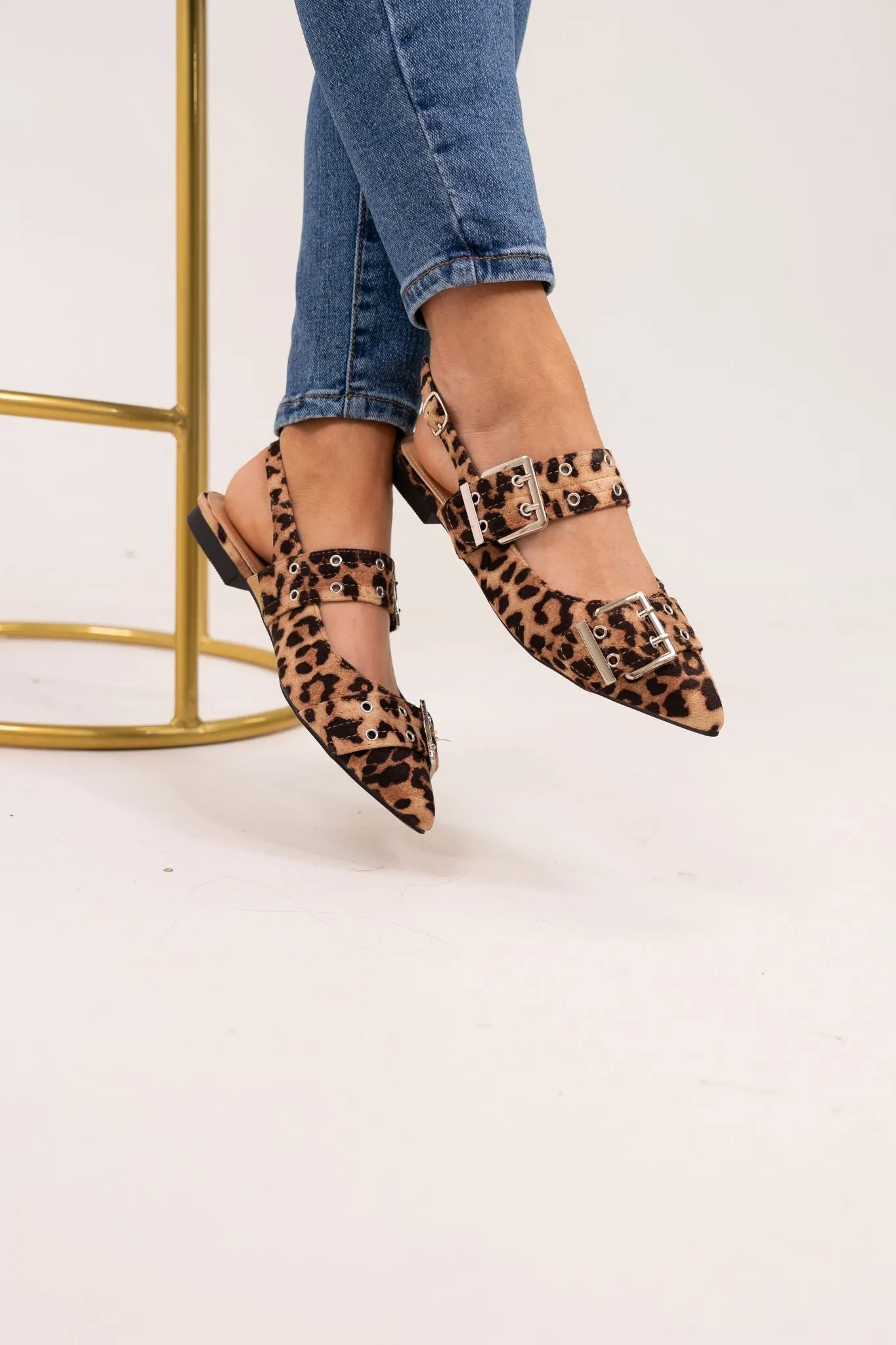 Izzy Pointed Buckle Flats In Leopard