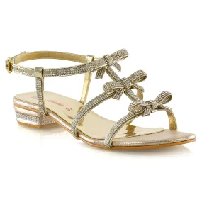 KENZIE LOW BLOCK HEEL BOW DETAIL SPARKLY DIAMANTE ANKLE STRAP FLAT SANDALS IN GOLD