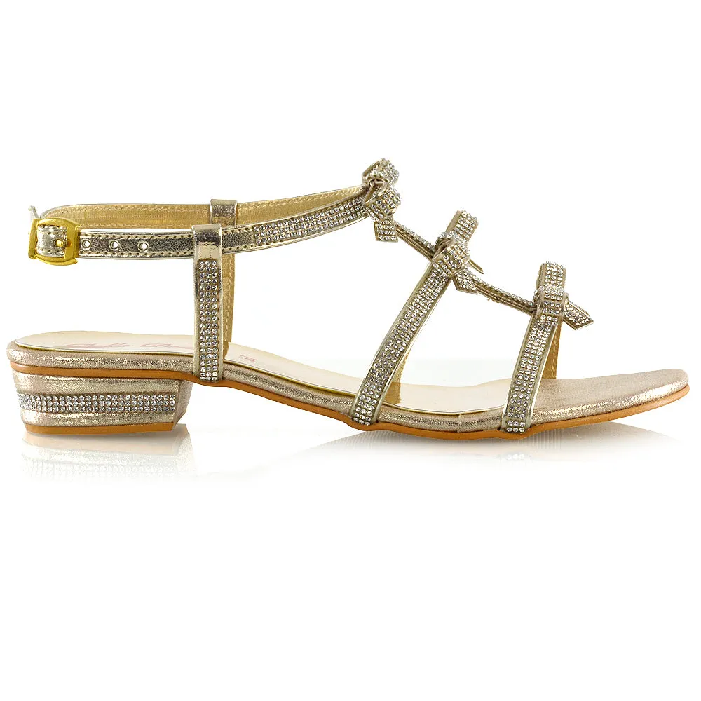 KENZIE LOW BLOCK HEEL BOW DETAIL SPARKLY DIAMANTE ANKLE STRAP FLAT SANDALS IN GOLD