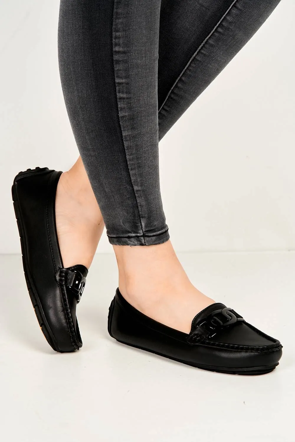 Kristin Flat Square Toe Loafers with Chain Detail in Black