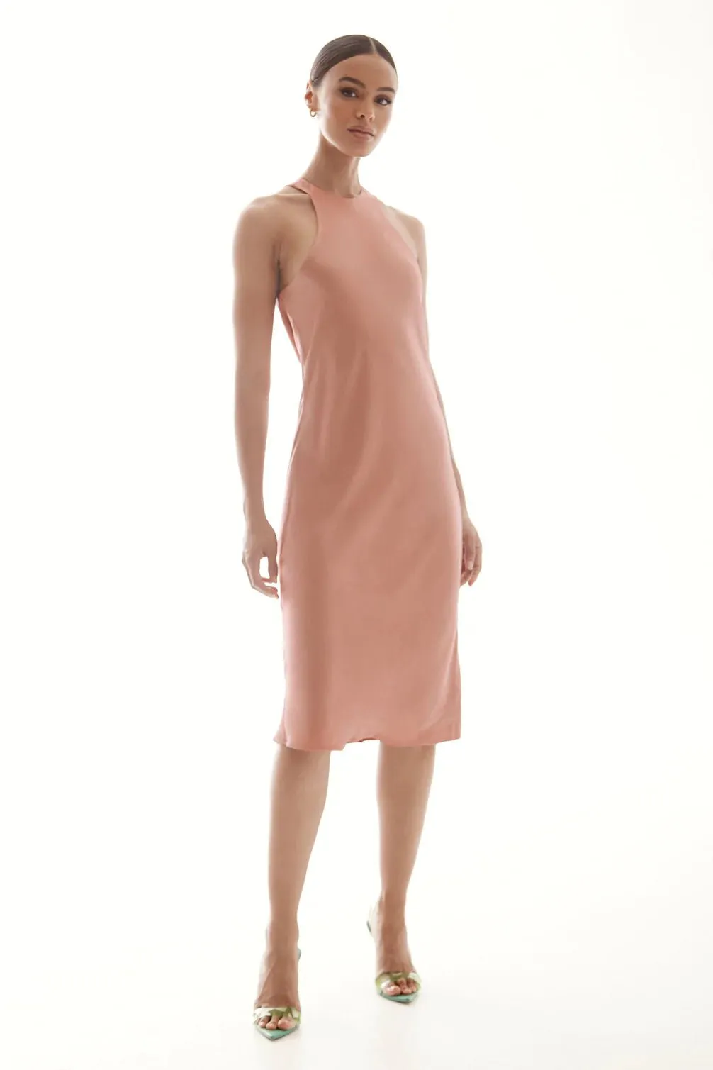 Lanston Satin Bias Halter Tank Dress in Clay