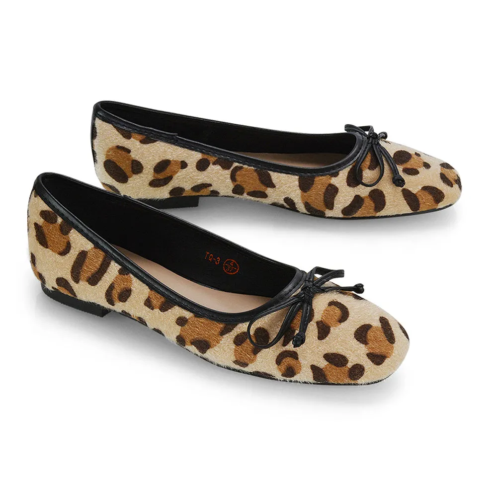 Lizzy Bow Detailing Flat Square Toe Ballerina Pump Shoes in Leopard