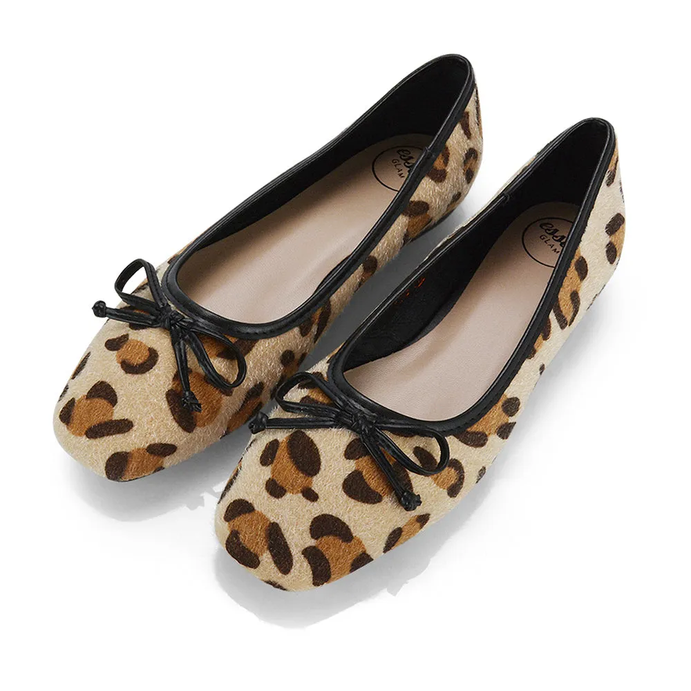 Lizzy Bow Detailing Flat Square Toe Ballerina Pump Shoes in Leopard