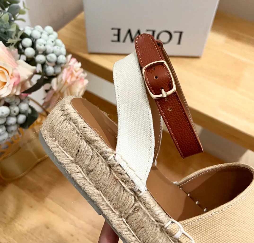 Loew Anagram Beige Brown Leather And Canvas Espadrille Sandals