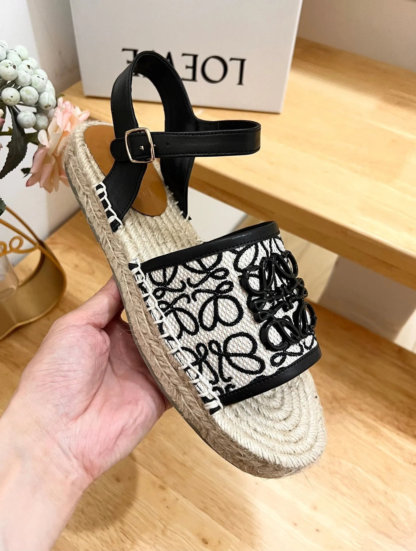 Loew Anagram Black logo White Black Beige Leather And Canvas Espadrille Sandals