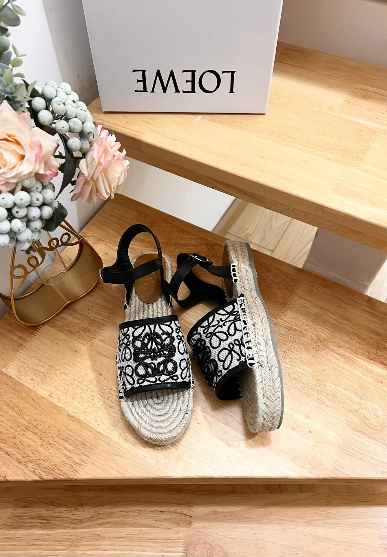 Loew Anagram Black logo White Black Beige Leather And Canvas Espadrille Sandals