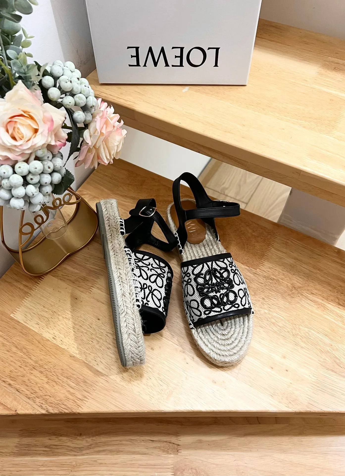 Loew Anagram Black logo White Black Beige Leather And Canvas Espadrille Sandals