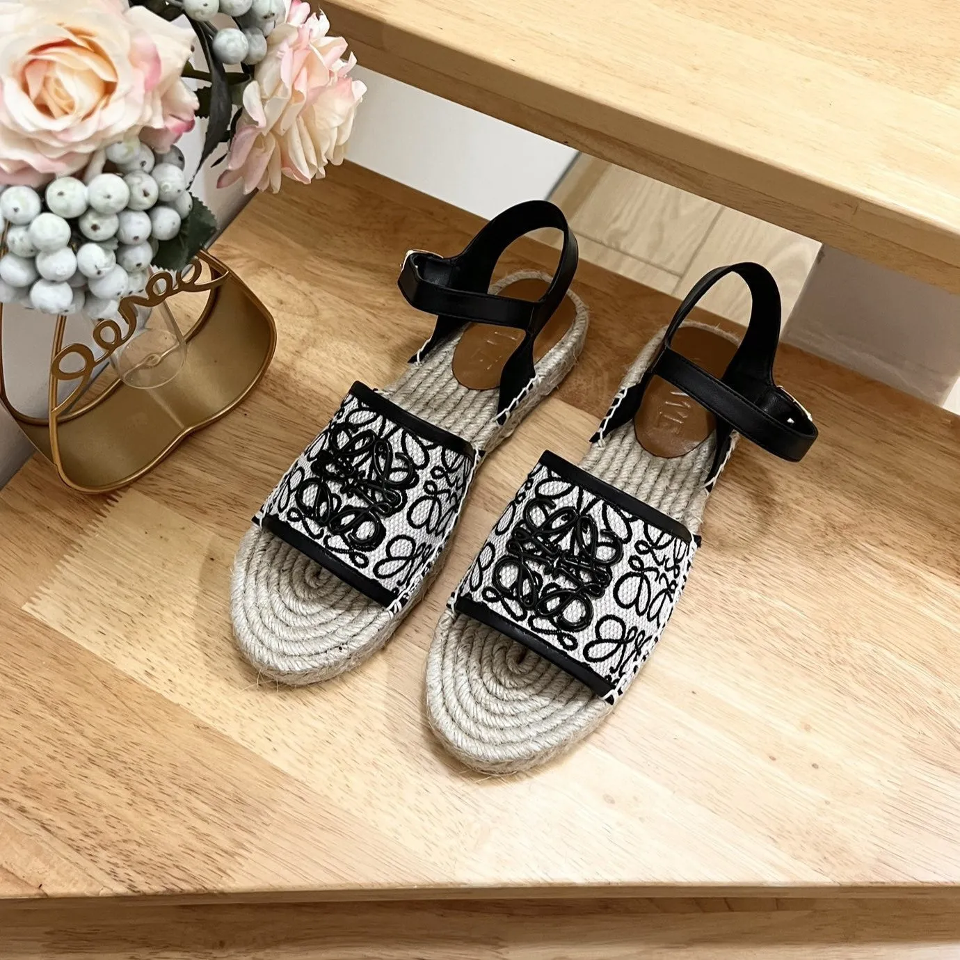 Loew Anagram Black logo White Black Beige Leather And Canvas Espadrille Sandals