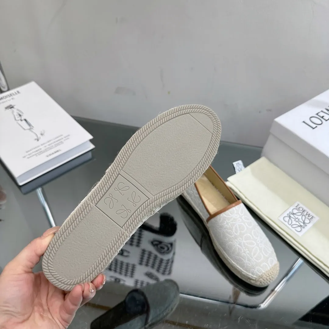 Loew Anagram Espadrille White Brown Leather and Canvas