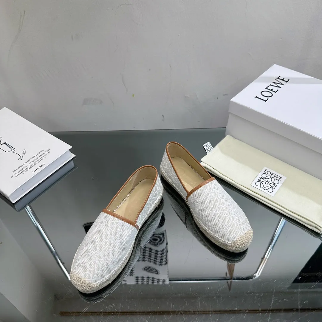 Loew Anagram Espadrille White Brown Leather and Canvas