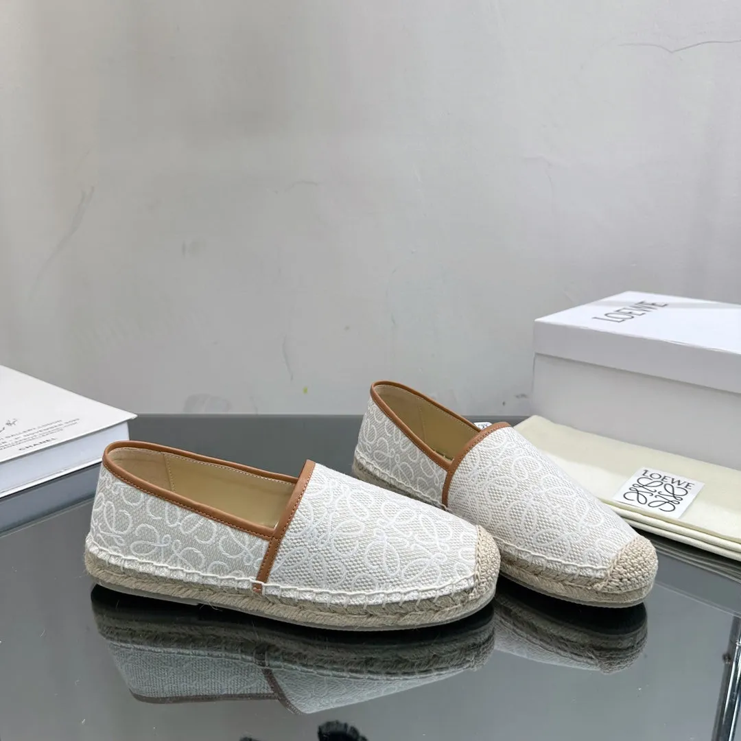 Loew Anagram Espadrille White Brown Leather and Canvas