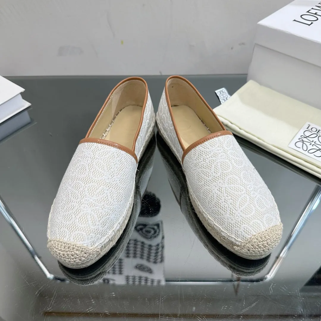 Loew Anagram Espadrille White Brown Leather and Canvas