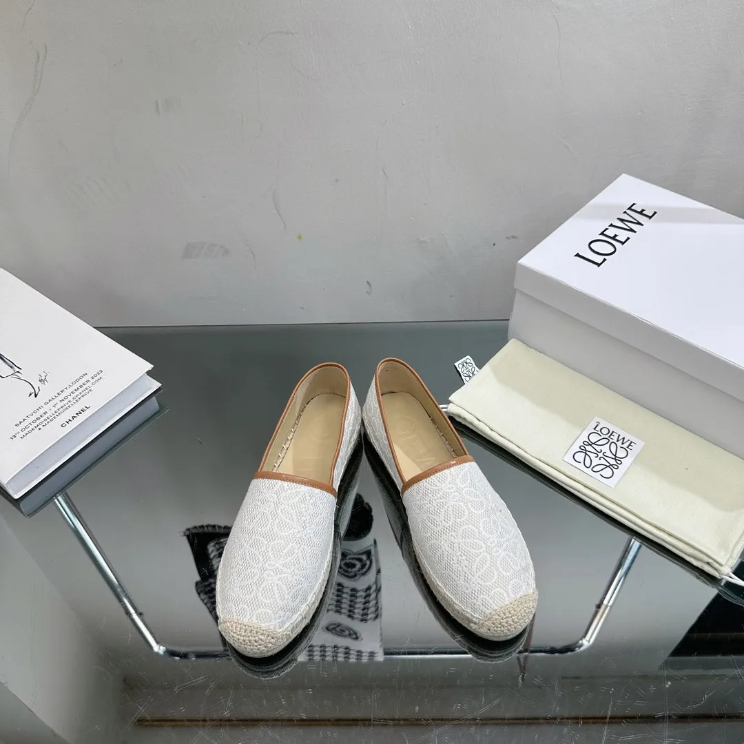 Loew Anagram Espadrille White Brown Leather and Canvas