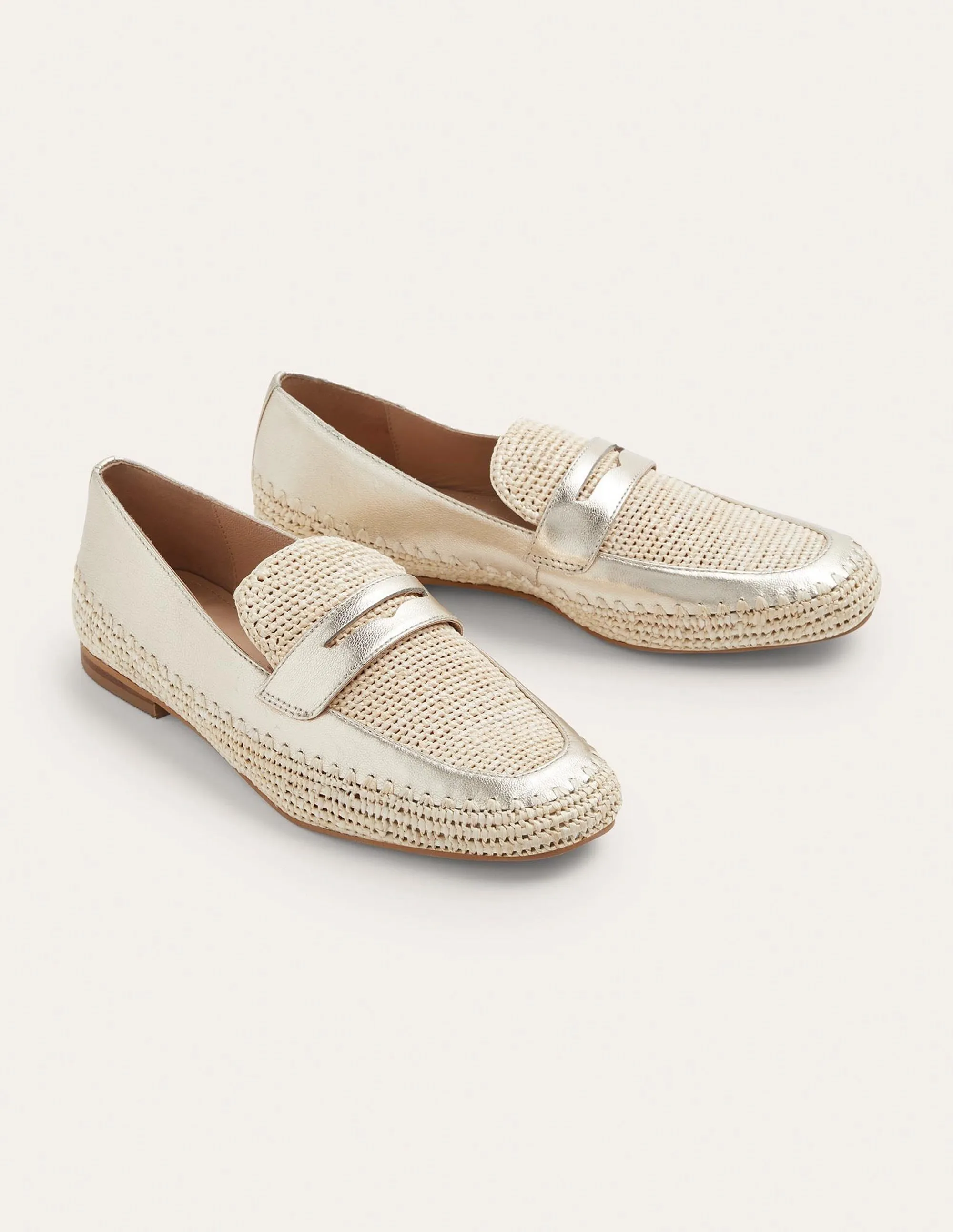 Lydia Raffia Detail Loafers-Pale Gold Metallic