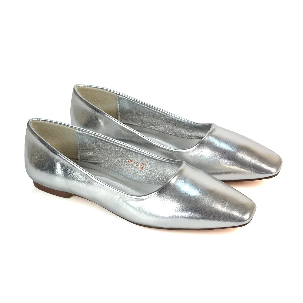 Maci Square Toe Slip on Flat Heel Ballerina Pumps in Silver Metallic