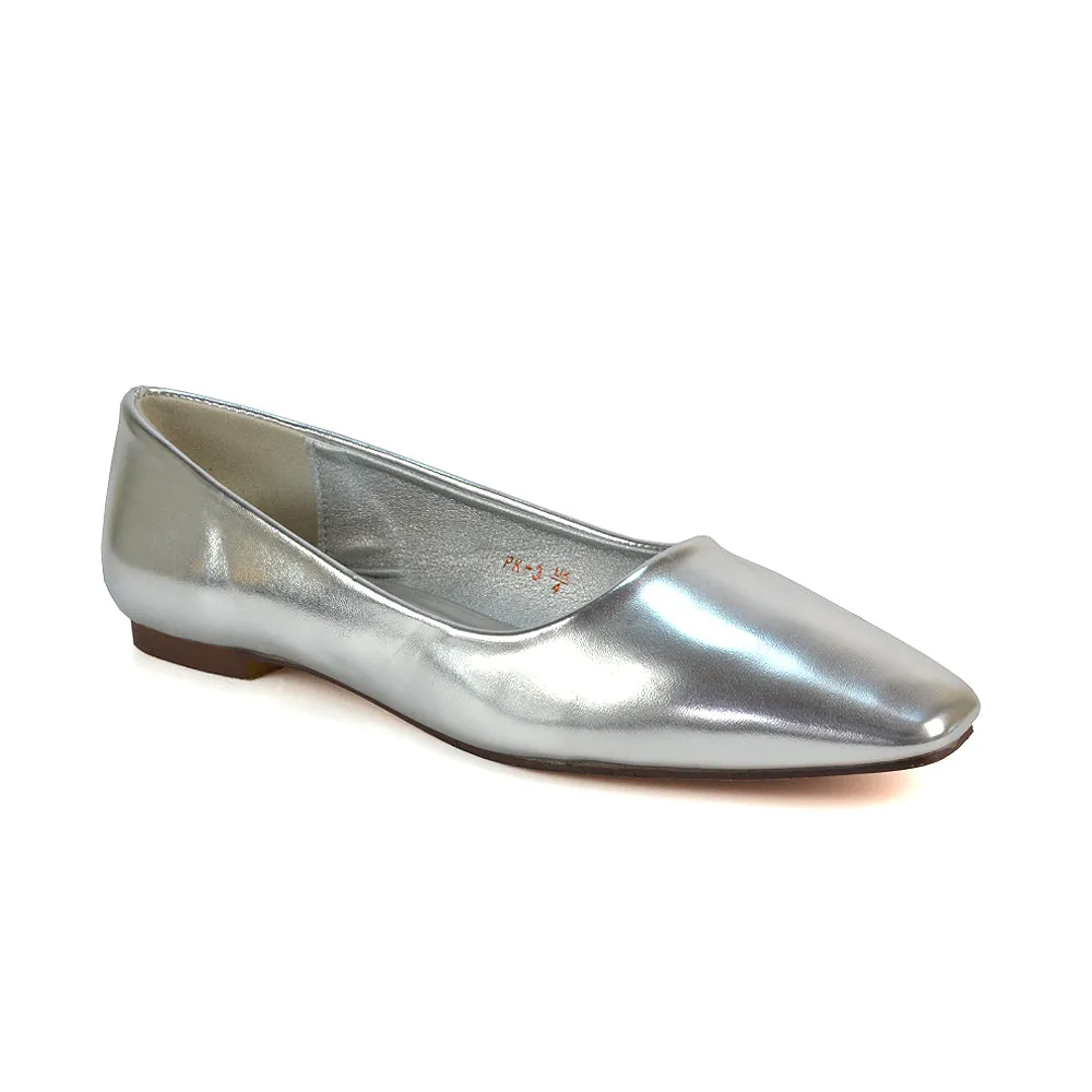 Maci Square Toe Slip on Flat Heel Ballerina Pumps in Silver Metallic