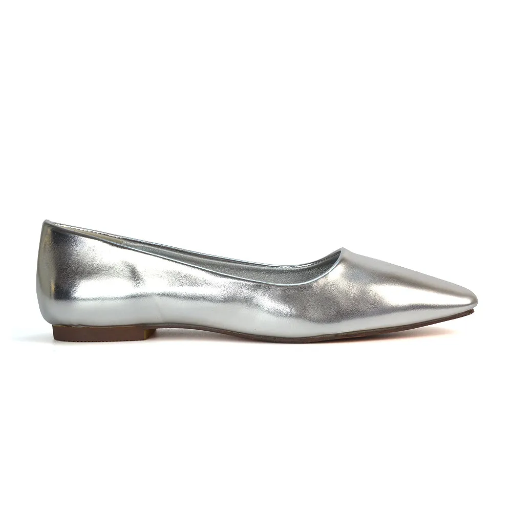 Maci Square Toe Slip on Flat Heel Ballerina Pumps in Silver Metallic