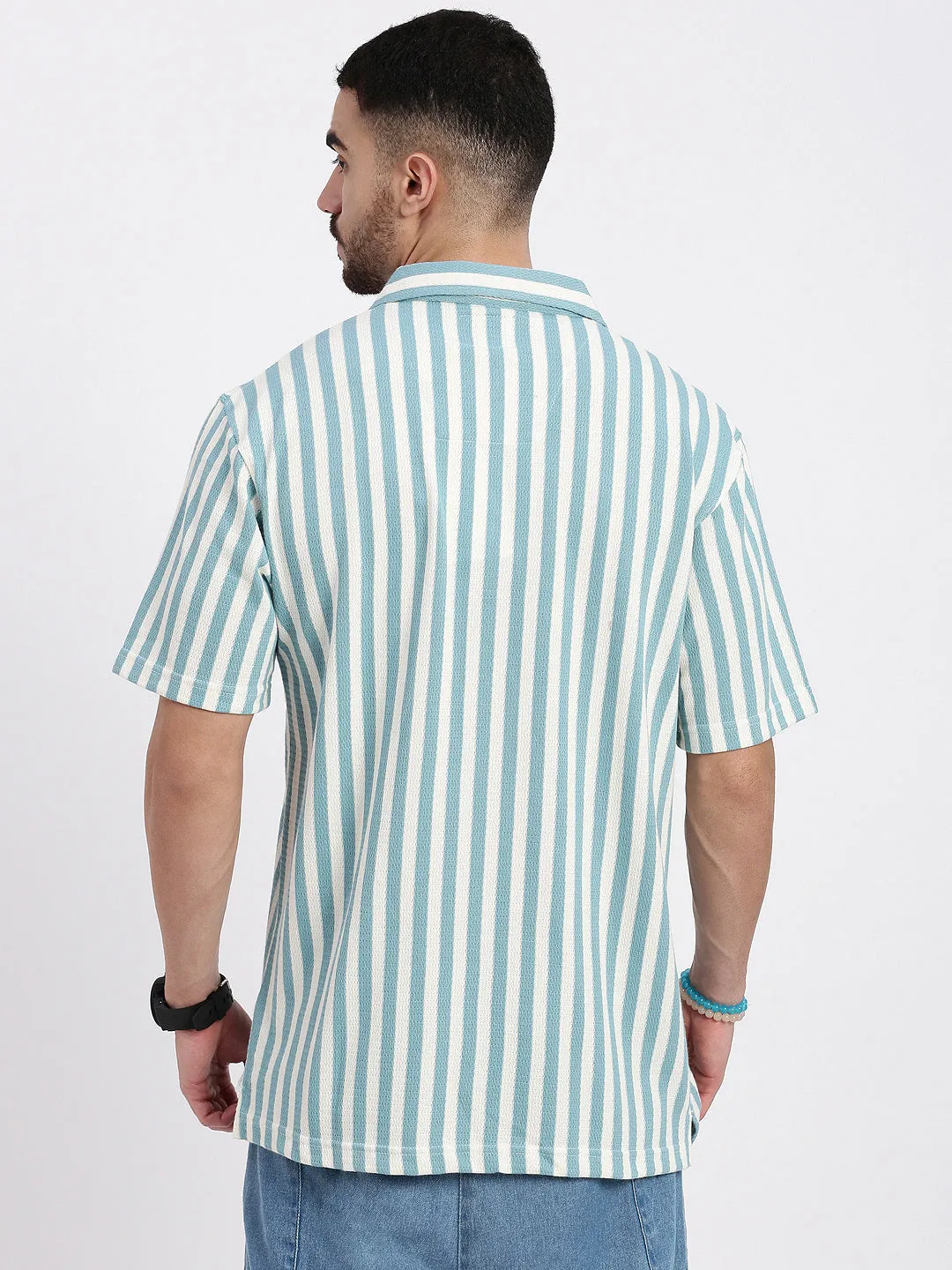 Men Blue Cuban Collar Striped Shirt